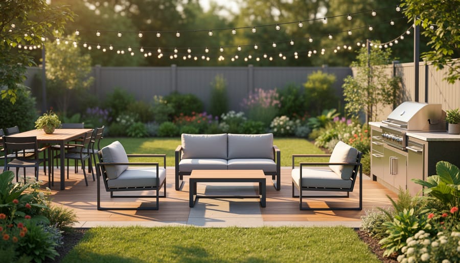 Eye-level wide photo of a modern backyard patio with powder-coated aluminum seating and solution-dyed acrylic cushions arranged for conversation, beside a stainless grill and umbrella-ready dining table at golden hour, with garden and string lights softly blurred in the background.