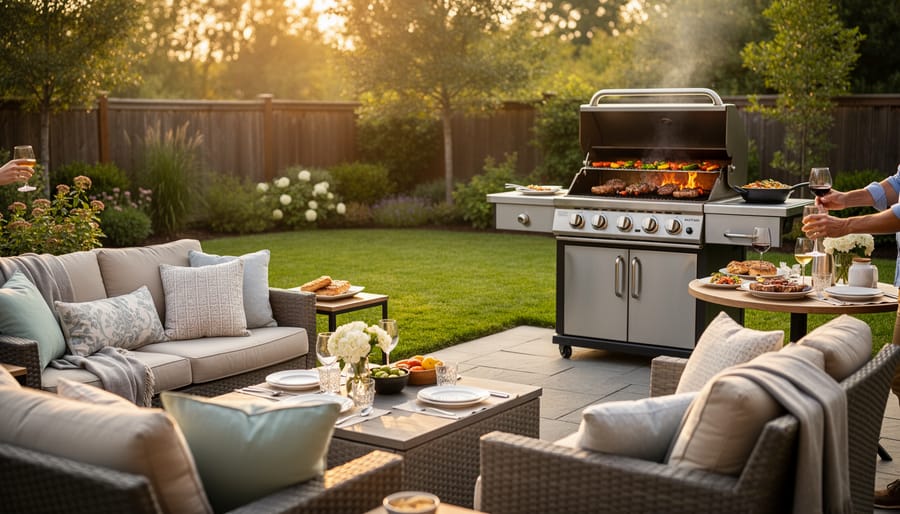 Evening backyard gathering with outdoor furniture, string lights and people dining together