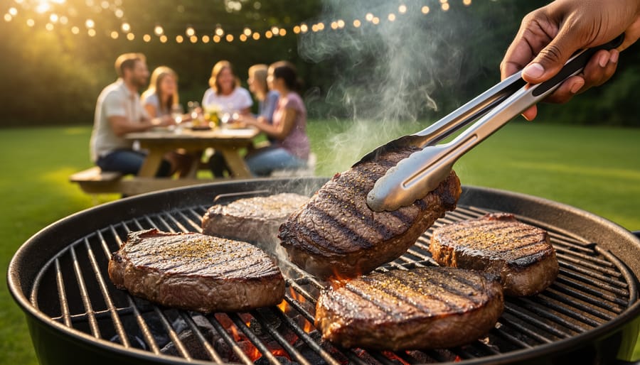 Perfectly grilled steak with char marks resting on wooden cutting board