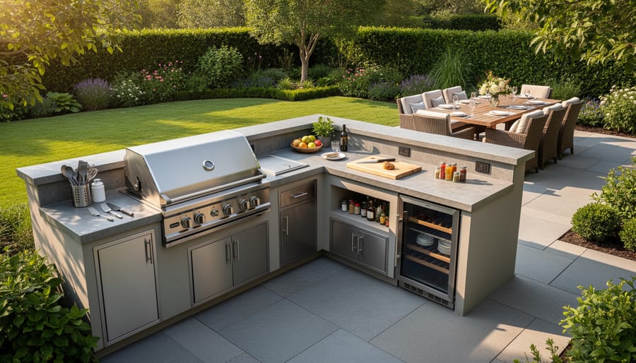 Overhead view of outdoor kitchen zone with gas grill and preparation area on patio