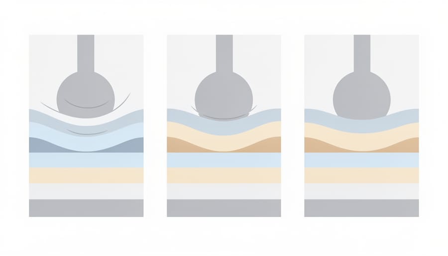 Close-up of a hand pressing three different mattress material samples on a wooden surface