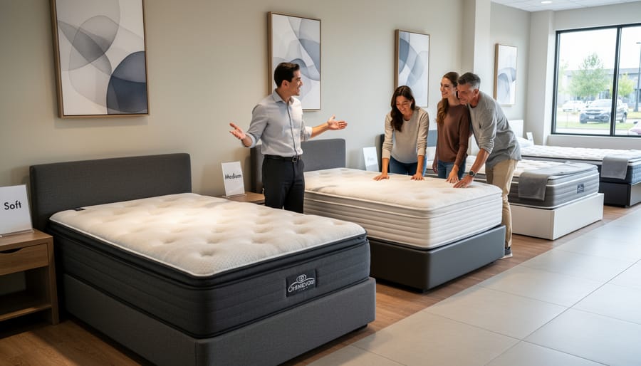 Three different mattresses displayed on a showroom floor with visible surface textures