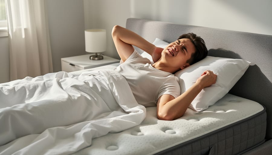 Person tossing and turning on a bed with rumpled sheets in early morning light