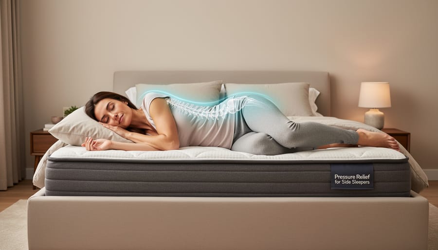Side-sleeping person lying comfortably on a mattress with supportive pillow under soft natural light