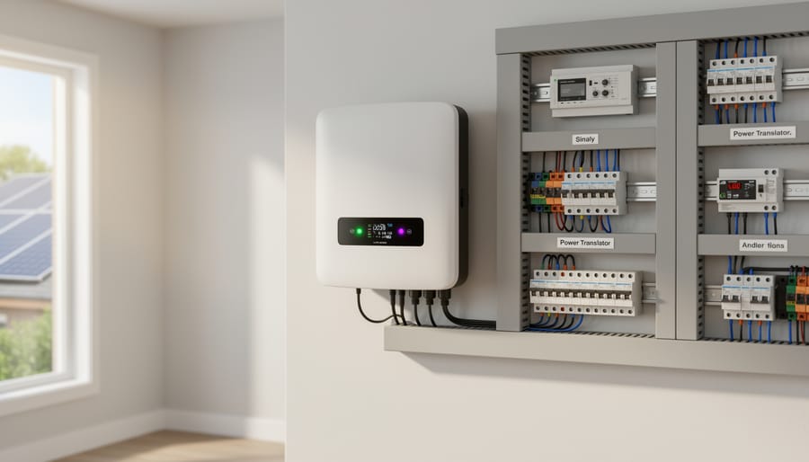 Inverter unit inside a home utility closet with organized electrical wiring