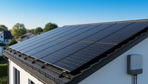 Close view of a modern residential rooftop solar panel installation under bright sunlight with mounting hardware visible