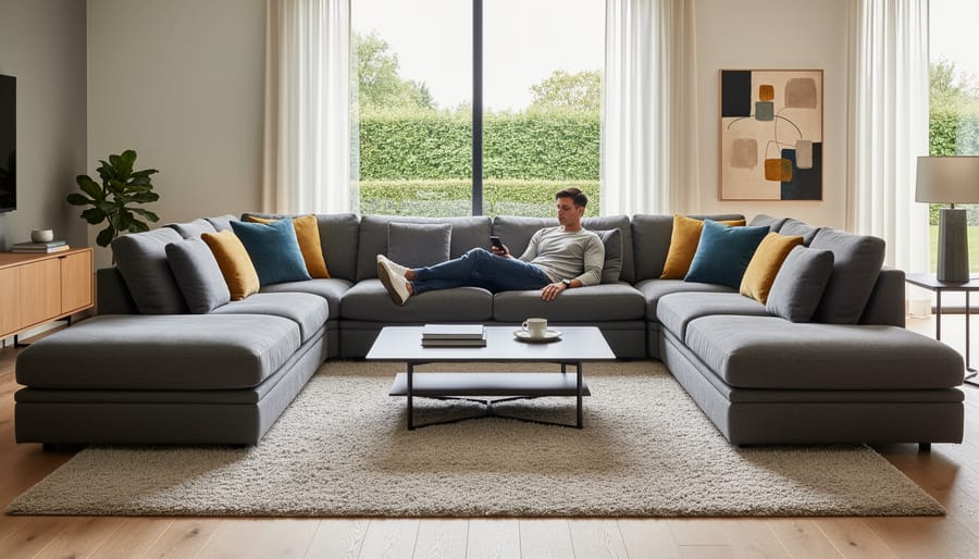 People relaxing on a V-shaped sectional sofa, emphasizing comfort and seating depth.