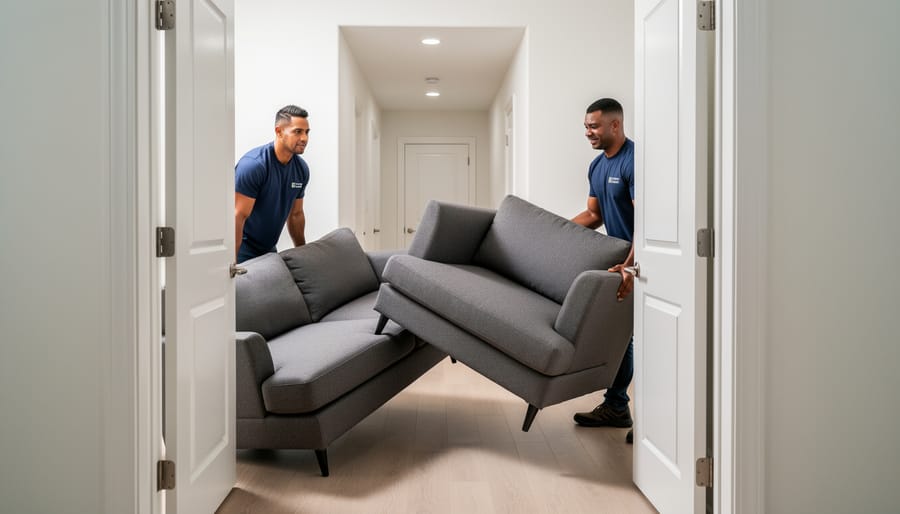 Movers maneuvering a V-shaped sofa through a doorway into a home hallway.