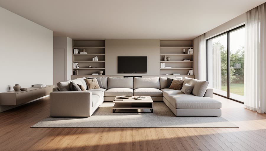 V-shaped corner sectional sofa arranged in a modern living room with clear walkway space.