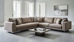 Modern V-shaped sectional sofa in a bright living room with clear floor space and visible traffic pathways around the angled arms.