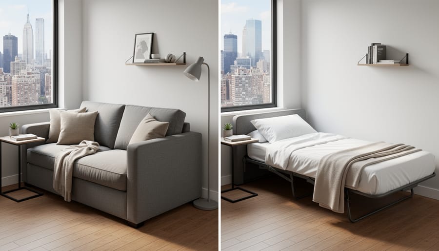 5-foot sleeper sofa in a small apartment with bed unfolded for overnight guests