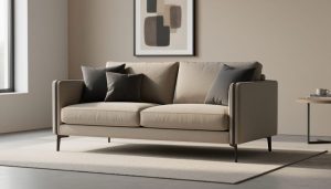 Compact five-foot sofa placed in a small modern living room, photographed in soft daylight with side table and decor in the background.