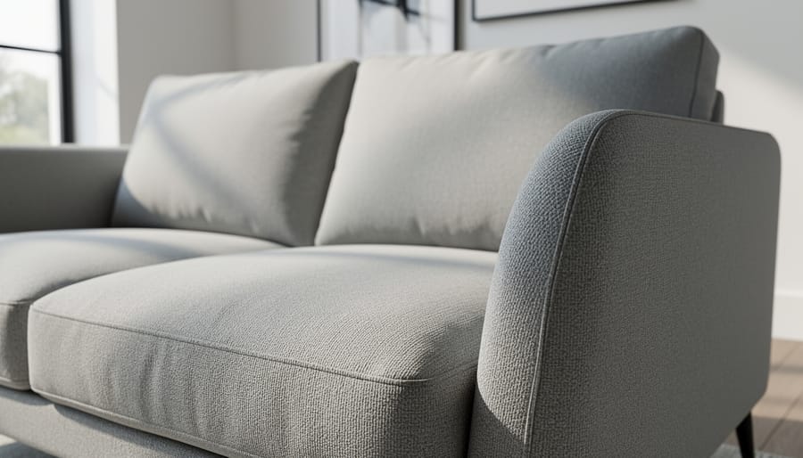 Close-up of a compact sofa’s cushion and arm upholstery with visible stitching and fabric texture