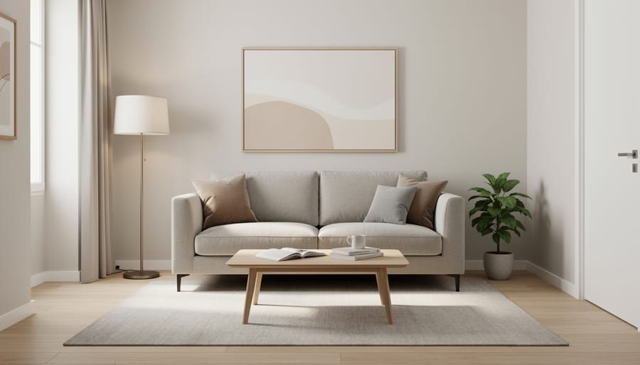 Two people seated on a compact 5-foot sofa in a small living room with a person standing beside it for scale