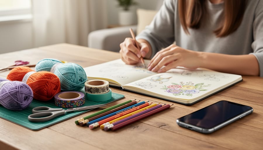 Hands holding colorful yarn next to a smartphone resting face-down on a crafting table