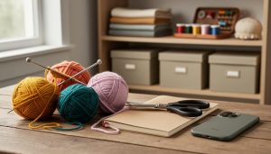 “Crafting tools and colorful yarn on a worktable with a smartphone resting face-down off to the side, symbolizing balanced, responsible entertainment use.”