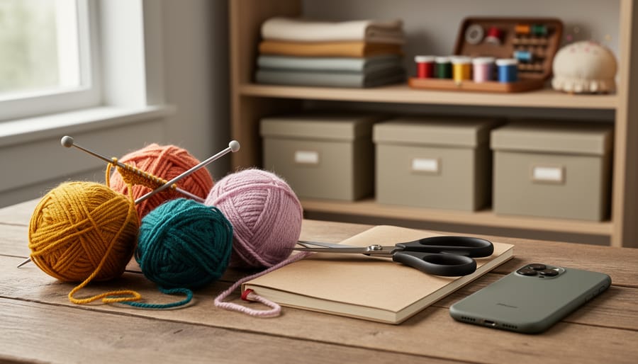 “Crafting tools and colorful yarn on a worktable with a smartphone resting face-down off to the side, symbolizing balanced, responsible entertainment use.”