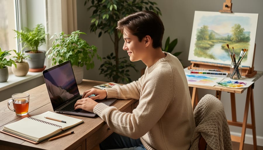 Person turning off a laptop while a half-finished knitting project sits on the desk