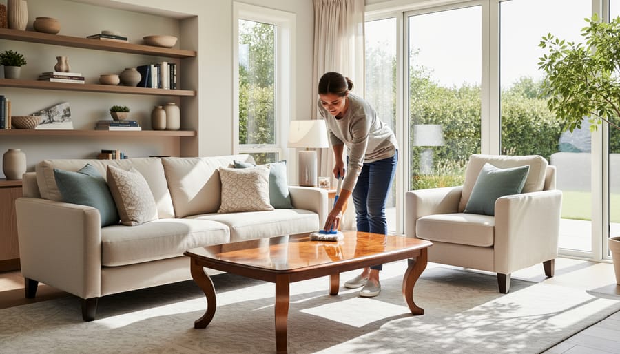 Hands cleaning a wooden dining table with a microfiber cloth for a smooth finish