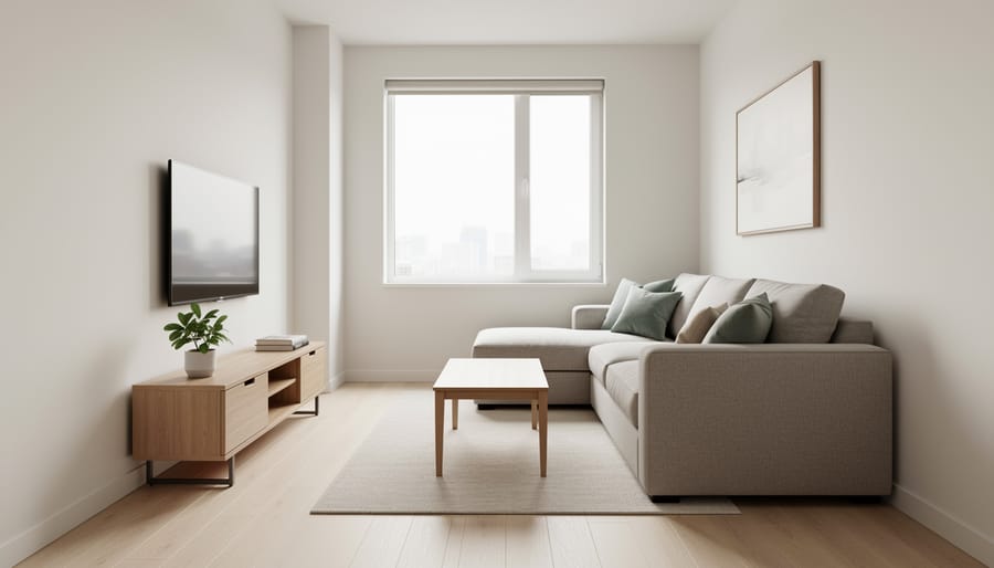 Small L-shaped sectional sofa in an apartment living room with visible space for walking around it.