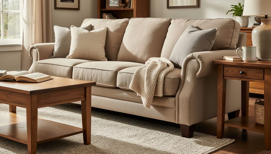 Durable upholstered sofa and solid wood coffee table in a warm living room