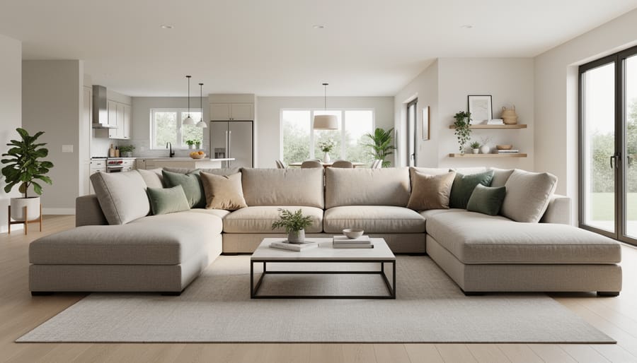 Large U-shaped sectional sofa in a spacious family room with sunlight highlighting its extended seating area.