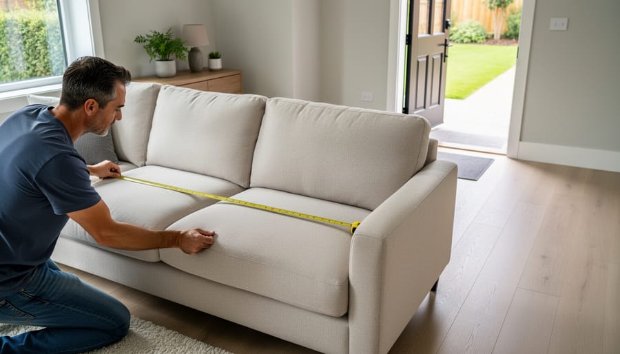 Tape measure being held beside a three-cushion sofa near a doorway for sizing clearance
