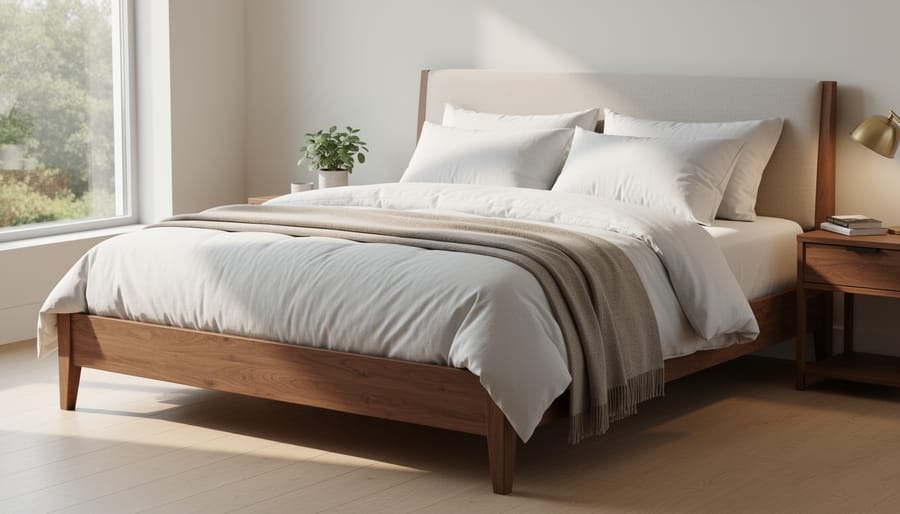 Bedroom scene with a quality bed frame and cushioned mattress in soft natural light