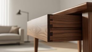 Close-up of a solid hardwood furniture drawer showing dovetail joinery and a smooth, durable finish in a softly lit living room background.