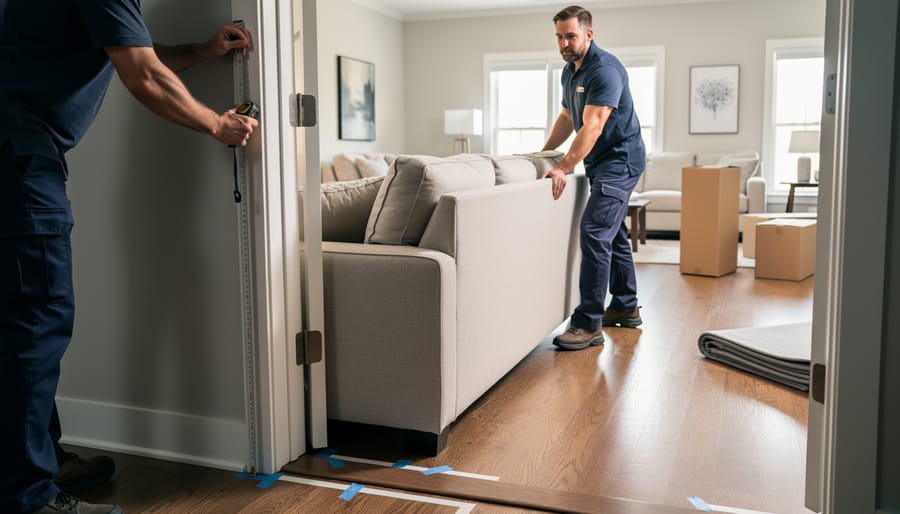 Movers guiding a sectional sofa through a narrow doorway to show the importance of clearance.