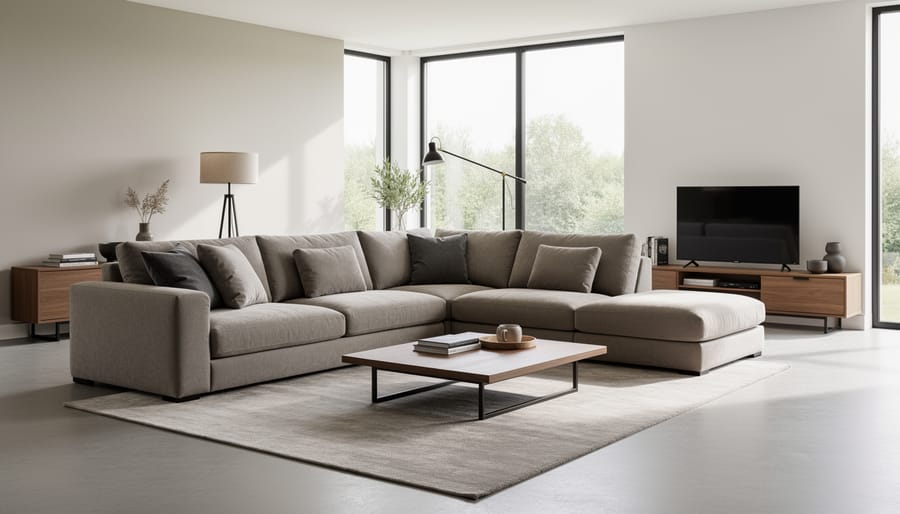 A modern sectional sofa in a bright living room, shown in a wide view to illustrate overall size and footprint.