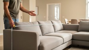 Person measuring a living room near a modern L-shaped sectional sofa with a tape measure to check the correct size.