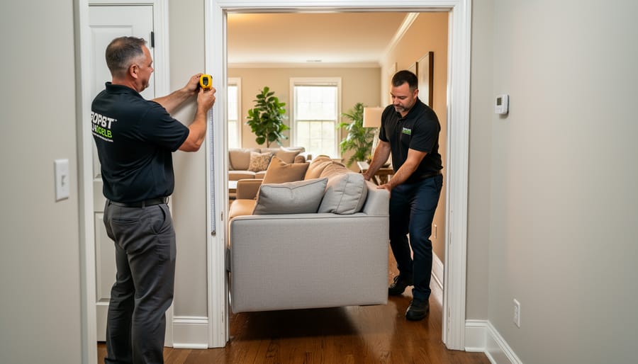 Movers guiding a wrapped three-cushion sofa through a narrow hallway doorway
