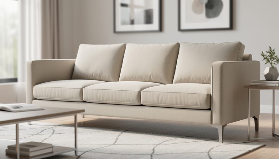Three-cushion sofa in a bright living room with visible surrounding furniture and open walkway space to show proper size and fit.