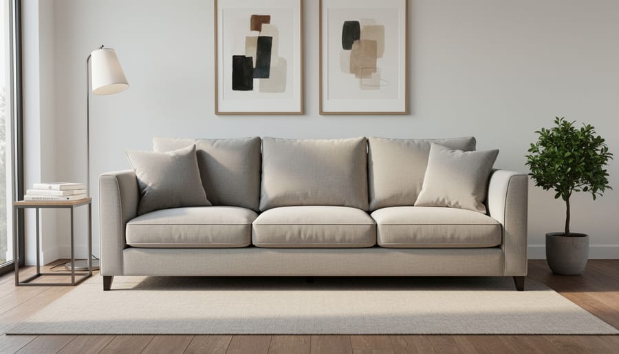 Three-cushion sofa in a bright living room with visible surrounding furniture and layout context